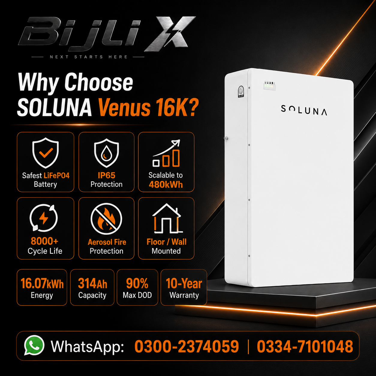 Soluna Venus 16K Pack LV 16.07kWh IP65 Lithium Battery