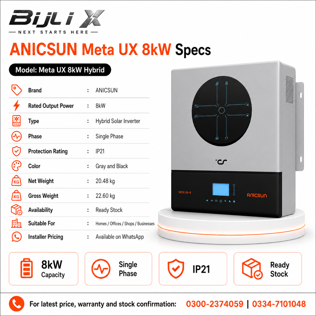 ANICSUN Meta UX 8kW Hybrid Solar Inverter