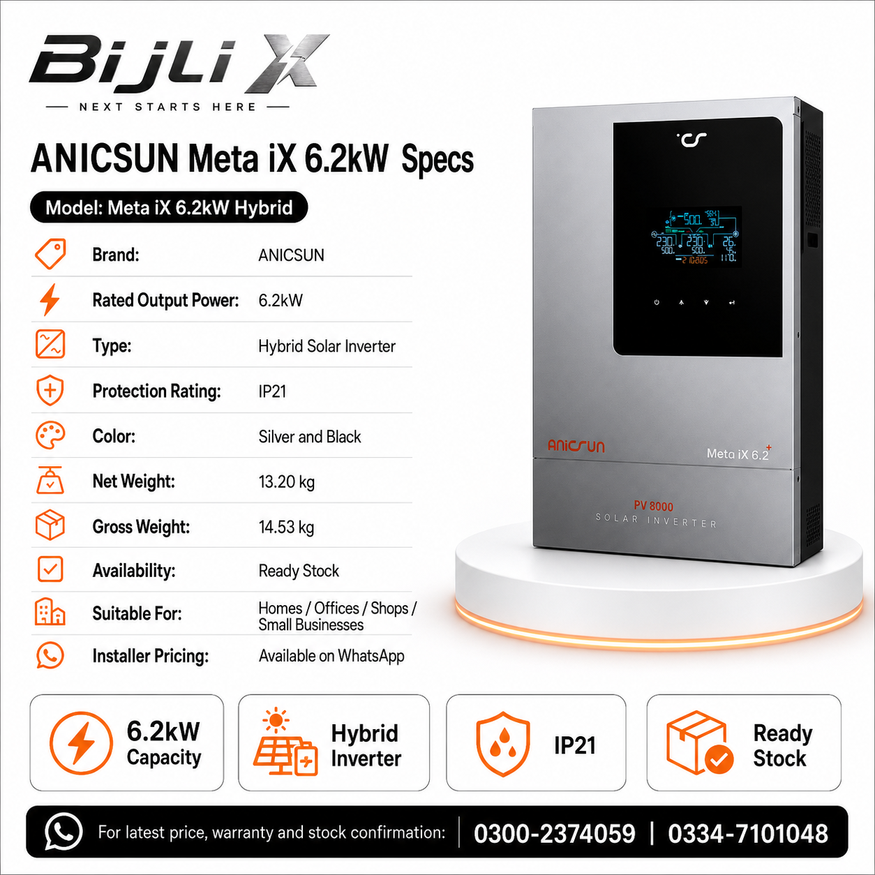ANICSUN Meta iX 6.2kW Hybrid Solar Inverter IP21