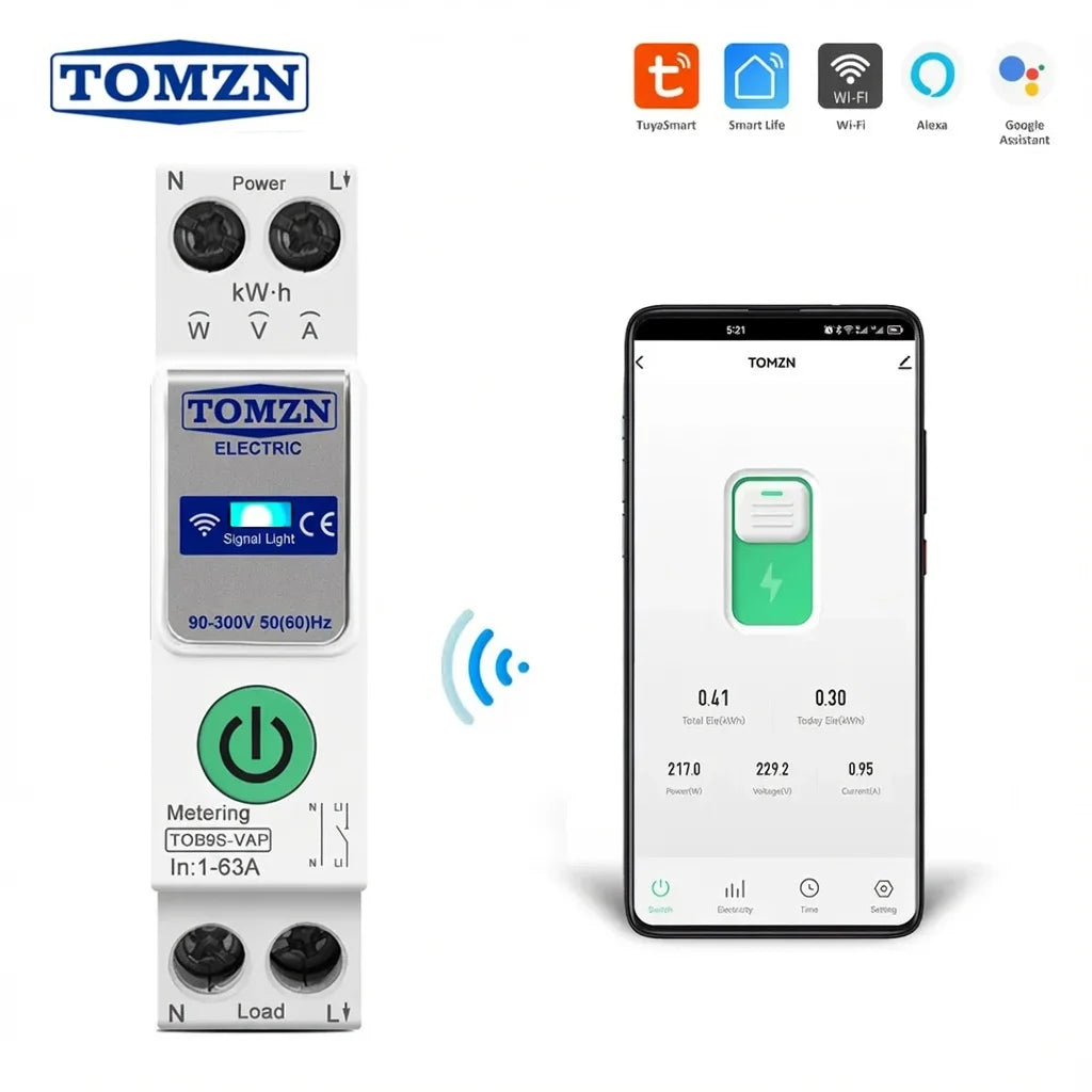 Tomzn 8 in1 63A WiFi Smart Switch with Monitoring & Protection (TOB9S-VAP)