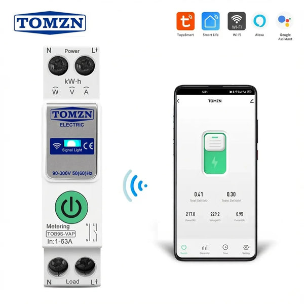 Tomzn 8 in1 63A WiFi Smart Switch with Monitoring & Protection (TOB9S-VAP)