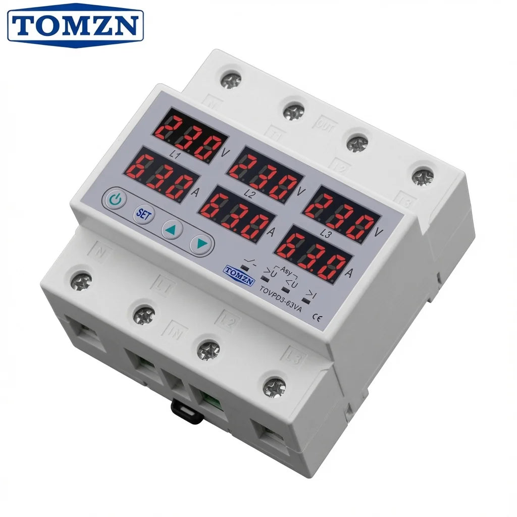 Tomzn 3 Phase 4 Pole 63A Phase Selector Voltage and Current Protector (TOVPD3-VA)