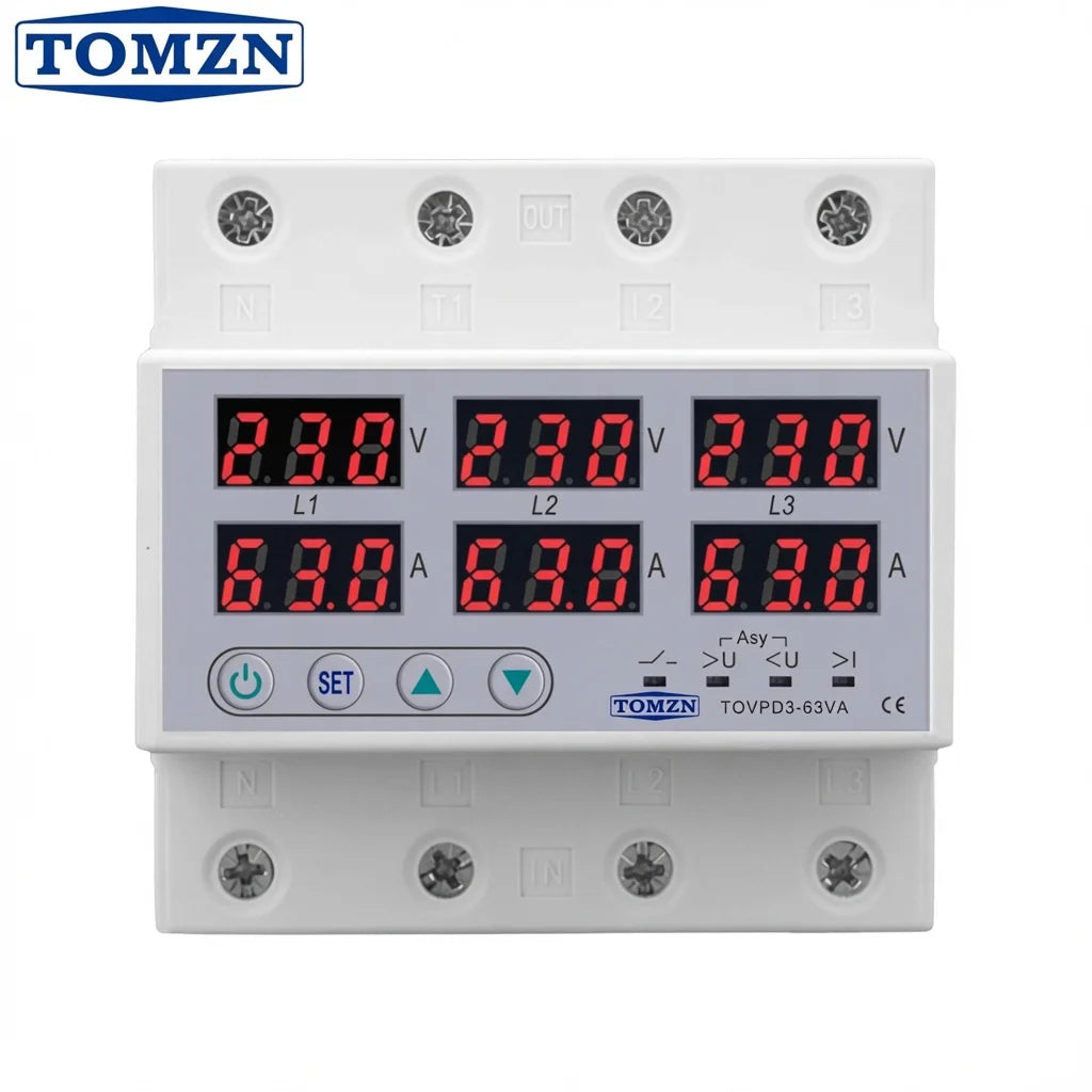 Tomzn 3 Phase 4 Pole 63A Phase Selector Voltage and Current Protector (TOVPD3-VA)