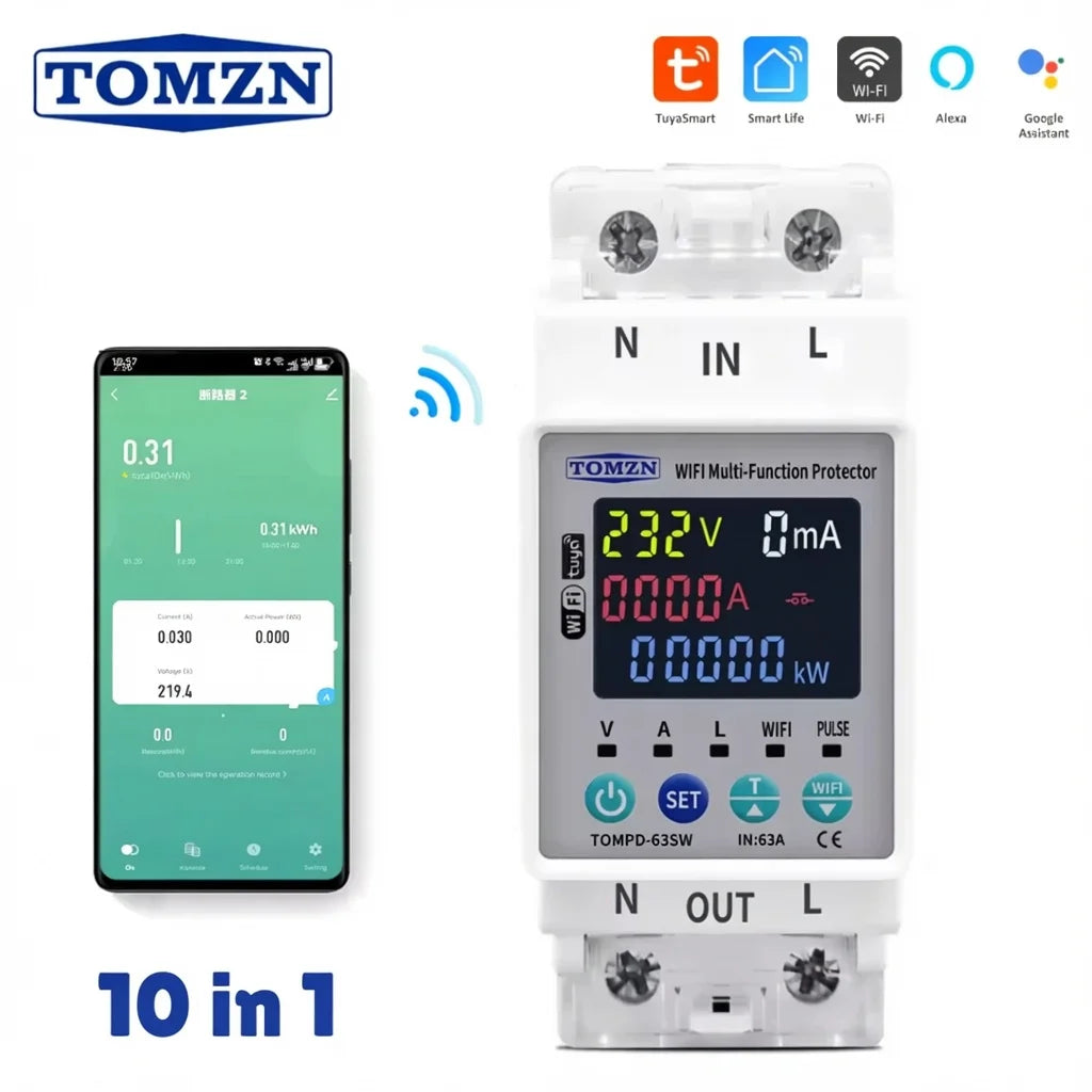 Tomzn 63A WiFi Protector with Voltage, Current & Leakage Protection Mini 10in1 (TOMPD 63SW)