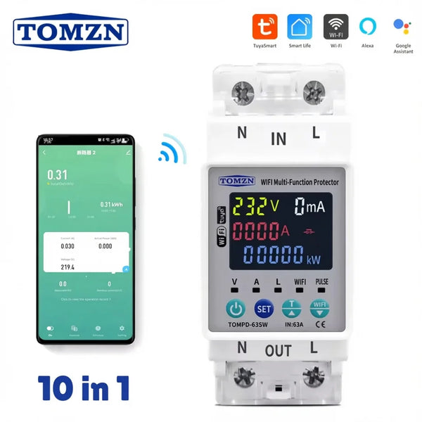 Tomzn 63A WiFi Protector with Voltage, Current & Leakage Protection Mini 10in1 (TOMPD 63SW)